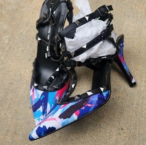 Women's Black and Multicolor Studded Heels